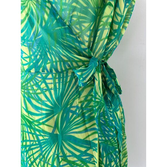 ICE Vintage Silk Wrap Dress Green Tropical Palm Print Chiffon Midi Summer Sz 12 - Picture 10 of 11